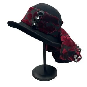Whittall & Shon Vintage Black Wool Wide Brim Hat Velvet Burnout Scarf Set